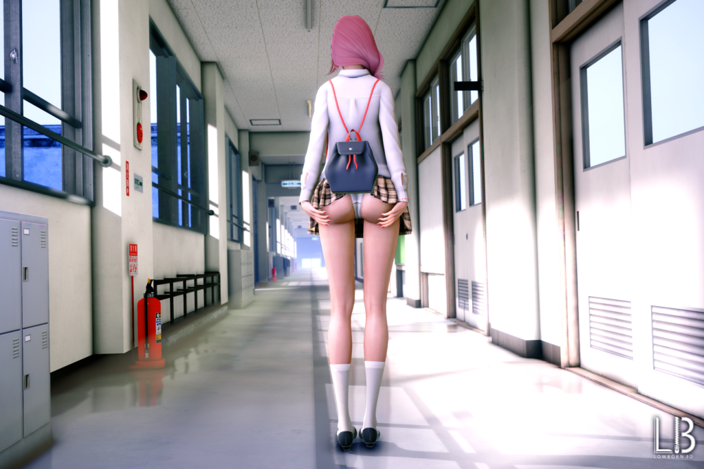 Skirt stuck in the backpack, revealing panty back view
